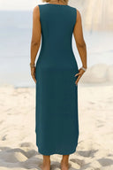 Kadın Eteği Oval Yırtmaçlı Sıfır Kol Viskon Midi Boy Elbise - Petrol