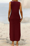 Kadın Eteği Oval Yırtmaçlı Sıfır Kol Viskon Midi Boy Elbise - Bordo