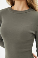 Kadın Dik Yaka Bodycon Uzun Kollu Örme Kaşkorse Mini Boy Elbise - Haki