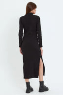 Kaşkorse Balıkçı Yaka Yırtmaçlı Örme Uzun Elbise - Siyah