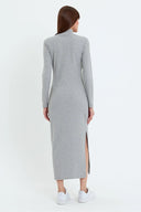 Kaşkorse Balıkçı Yaka Yırtmaçlı Örme Uzun Elbise - Gri