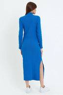 Kaşkorse Balıkçı Yaka Yırtmaçlı Örme Uzun Elbise - Saks Mavi