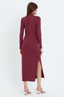 Kaşkorse Balıkçı Yaka Yırtmaçlı Örme Uzun Elbise - Bordo