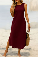 Kadın Eteği Oval Yırtmaçlı Sıfır Kol Viskon Midi Boy Elbise - Bordo