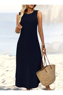 Kadın Eteği Oval Yırtmaçlı Sıfır Kol Viskon Midi Boy Elbise - Lacivert