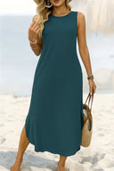 Kadın Eteği Oval Yırtmaçlı Sıfır Kol Viskon Midi Boy Elbise - Petrol