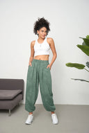 Kadın Cupra Kumaş Cepli Dökümlü Şalvar Pantolon - Yeşil