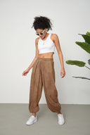 Kadın Cupra Kumaş Cepli Dökümlü Şalvar Pantolon - Kahverengi