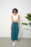 Kadın Cupra Kumaş Cepli Dökümlü Şalvar Pantolon - Petrol