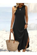 Kadın Eteği Oval Yırtmaçlı Sıfır Kol Viskon Midi Boy Elbise - Siyah