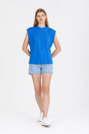 Kadın Kolsuz Basic Örme T-shirt - Saks Mavi
