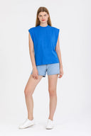 Kadın Kolsuz Basic Örme T-shirt - Saks Mavi