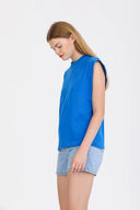 Kadın Kolsuz Basic Örme T-shirt - Saks Mavi