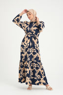 Kadın Metraj Baskılı Dokuma Krep Yakalı Uzun Elbise - Lacivert