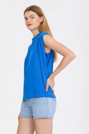 Kadın Kolsuz Basic Örme T-shirt - Saks Mavi