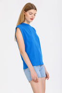 Kadın Kolsuz Basic Örme T-shirt - Saks Mavi