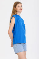 Kadın Kolsuz Basic Örme T-shirt - Saks Mavi