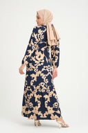 Kadın Metraj Baskılı Dokuma Krep Yakalı Uzun Elbise - Lacivert