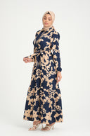 Kadın Metraj Baskılı Dokuma Krep Yakalı Uzun Elbise - Lacivert